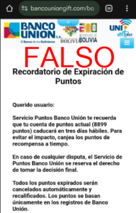 Suplantación (Phishing) vía SMS haciéndose pasar por Banco Unión S.A.